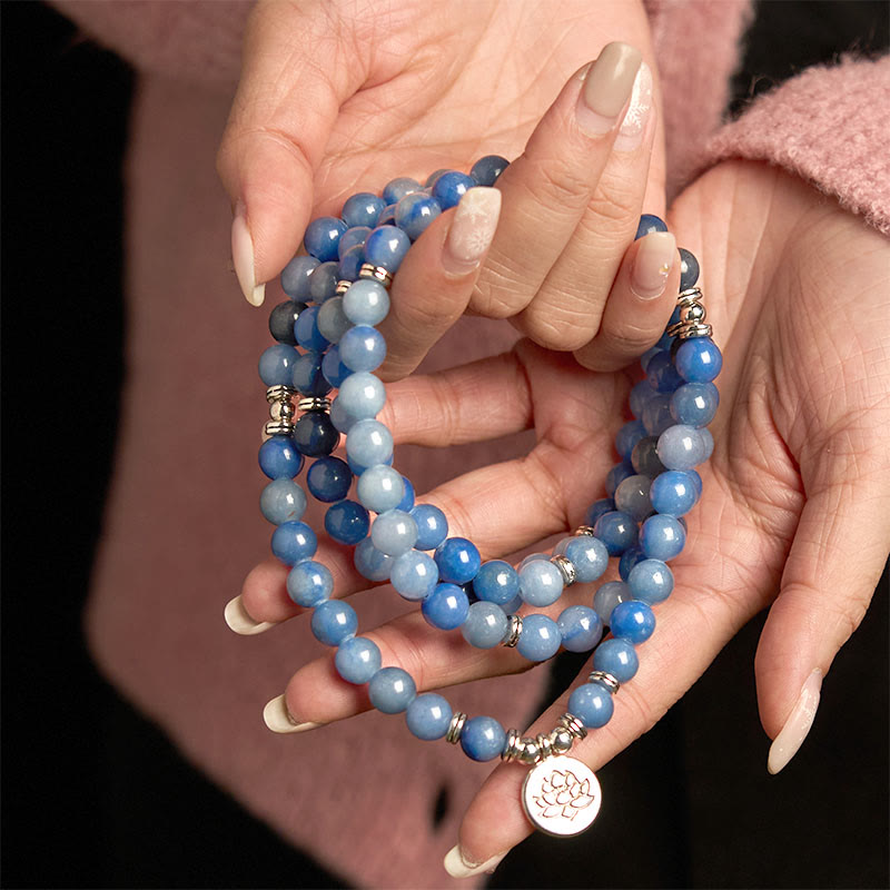 108 Mala Beads Multi-layer Natural Blue Aventurine Lotus Calm Bracelet - Image 5