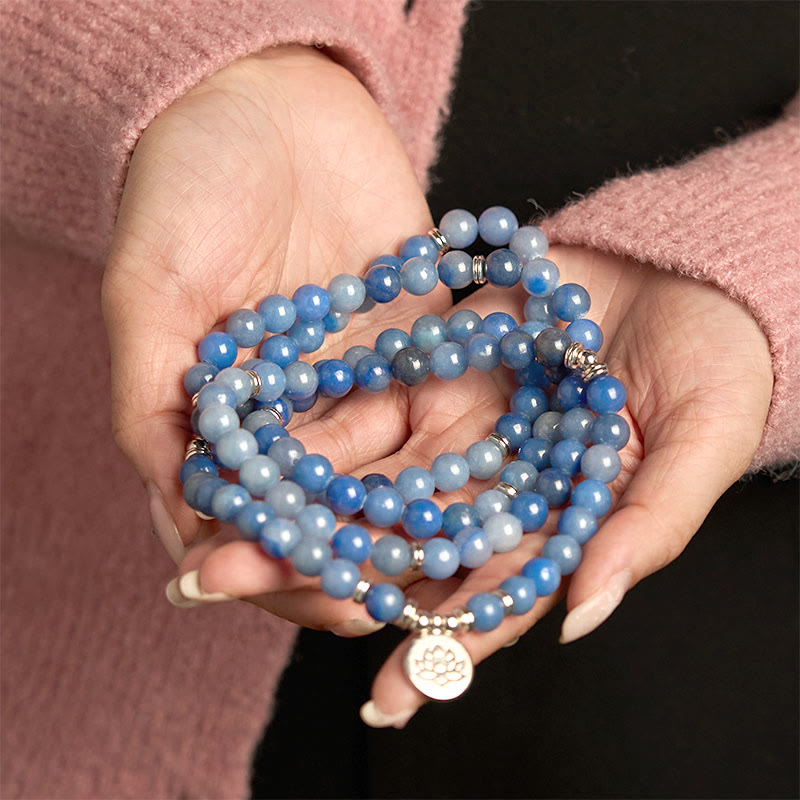108 Mala Beads Multi-layer Natural Blue Aventurine Lotus Calm Bracelet - Image 6