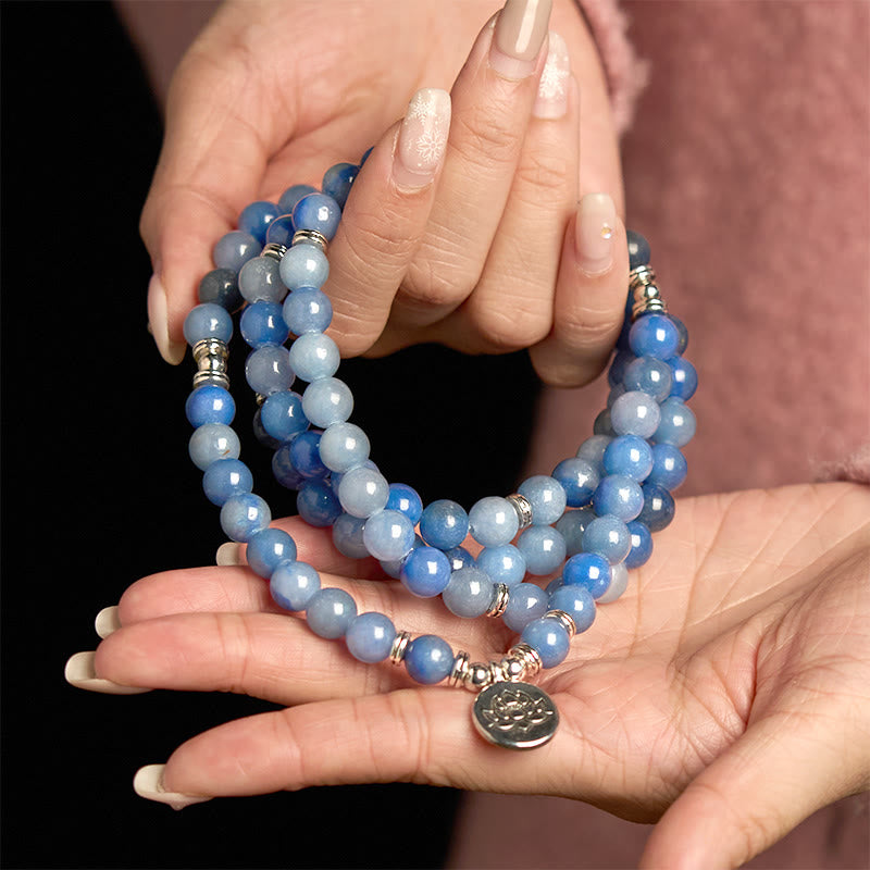 108 Mala Beads Multi-layer Natural Blue Aventurine Lotus Calm Bracelet - Image 10