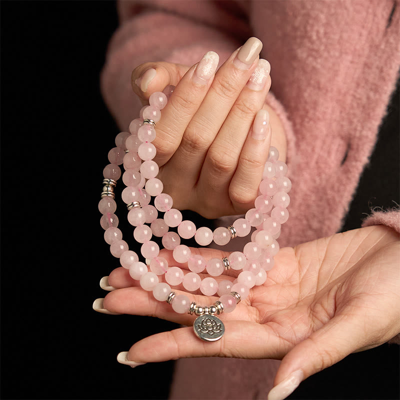 108 Mala Beads Natural Stone Rose Quartz Lotus Peace Bracelet - Image 4
