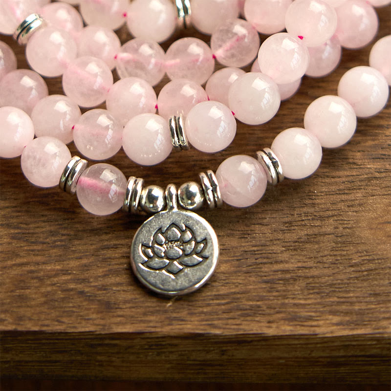 108 Mala Beads Natural Stone Rose Quartz Lotus Peace Bracelet - Image 7