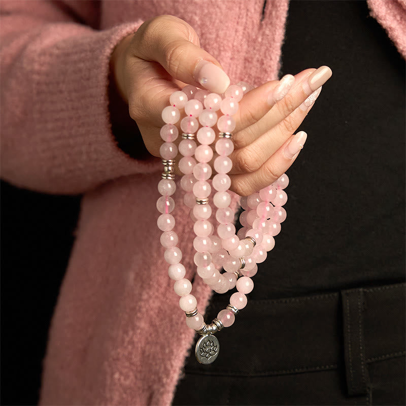 108 Mala Beads Natural Stone Rose Quartz Lotus Peace Bracelet - Image 3