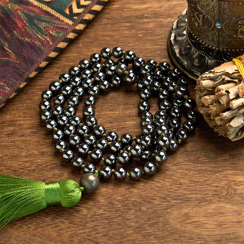 108 Mala Beads Natural Stone Hematite Tassel Powerful Bracelet