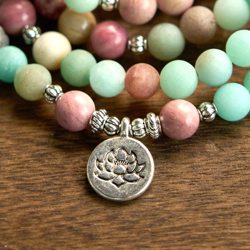 108 Mala Beads Rhodonite Amazonite Lotus Healing Bracelet - Image 6