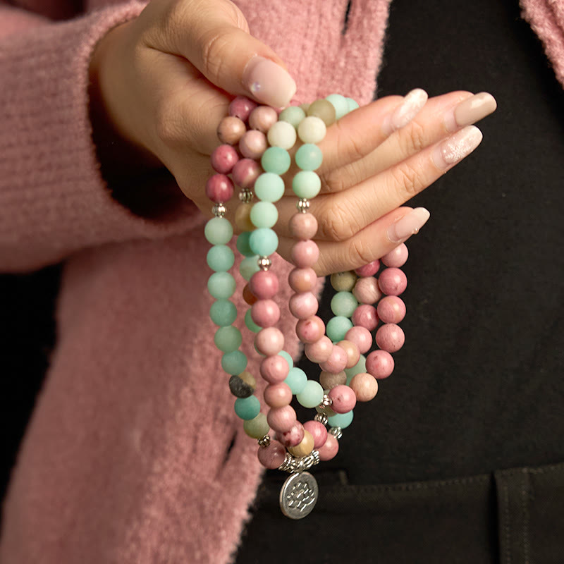 108 Mala Beads Rhodonite Amazonite Lotus Healing Bracelet - Image 3
