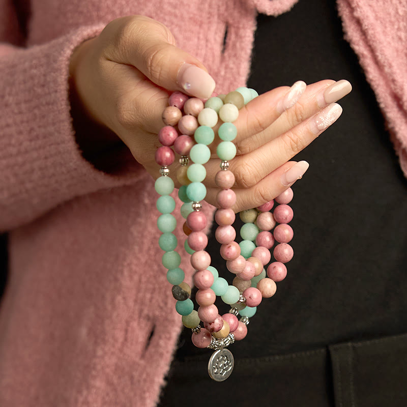 108 Mala Beads Rhodonite Amazonite Lotus Healing Bracelet - Image 5