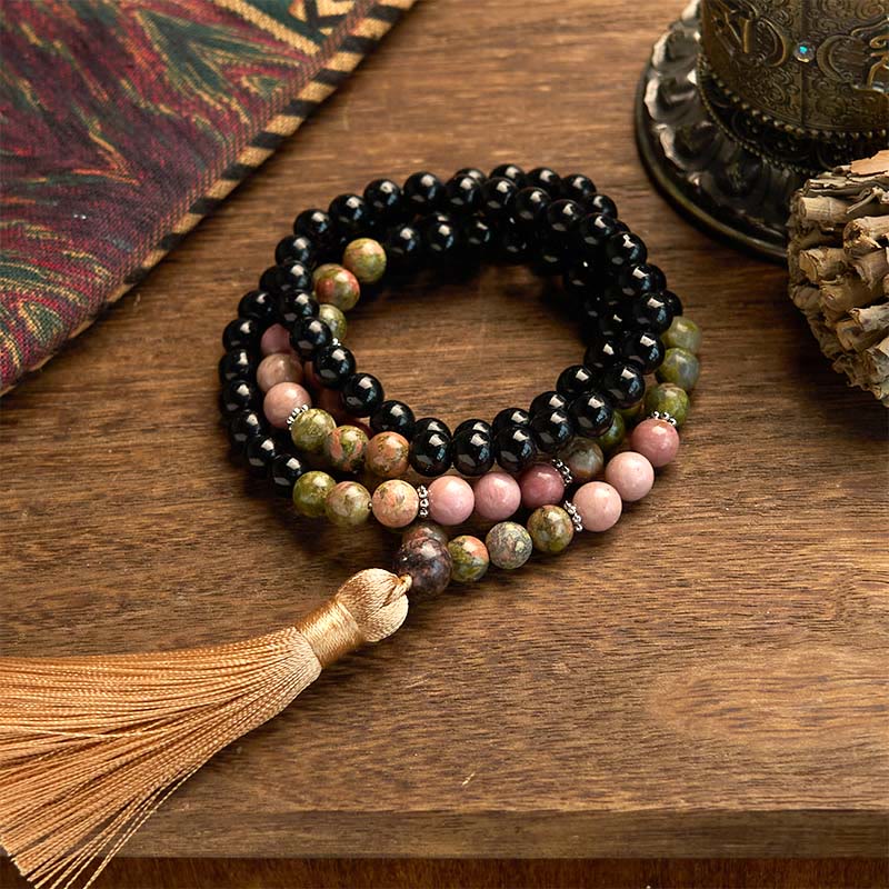 108 Mala Beads Black Jasper Rhodonite Khaki Tassel Healing Bracelet