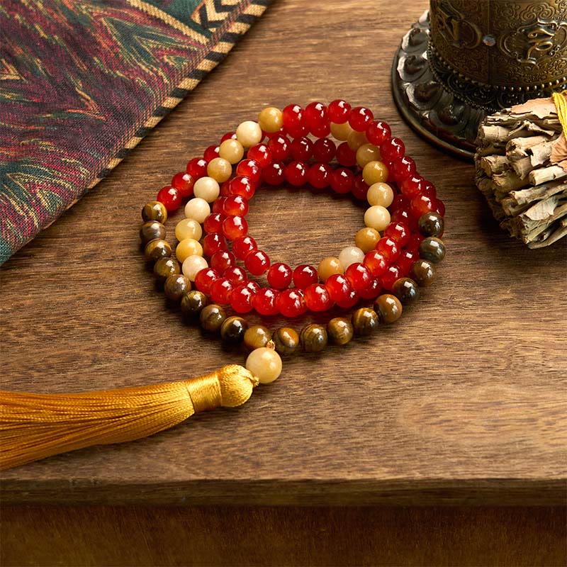 108 Mala Beads Red Agate Tiger Eye Yellow Tassel Calm Bracelet
