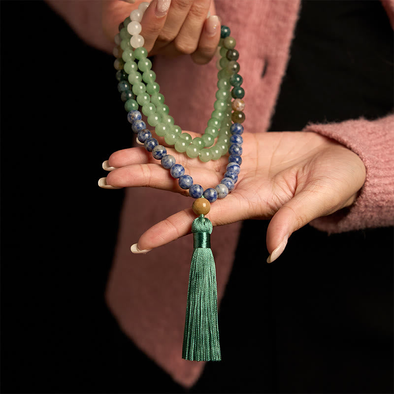108 Mala Beads Natural Green Aventurine Blue Spot Jasper Indian Agate Green Tassel Luck Bracelet - Image 4