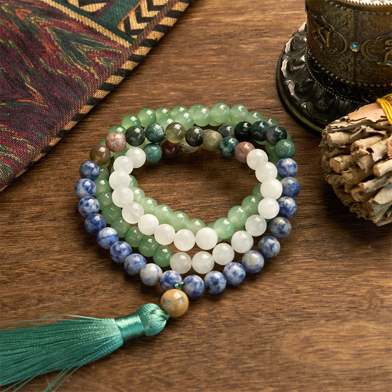 108 Mala Beads Natural Green Aventurine Blue Spot Jasper Indian Agate Green Tassel Luck Bracelet