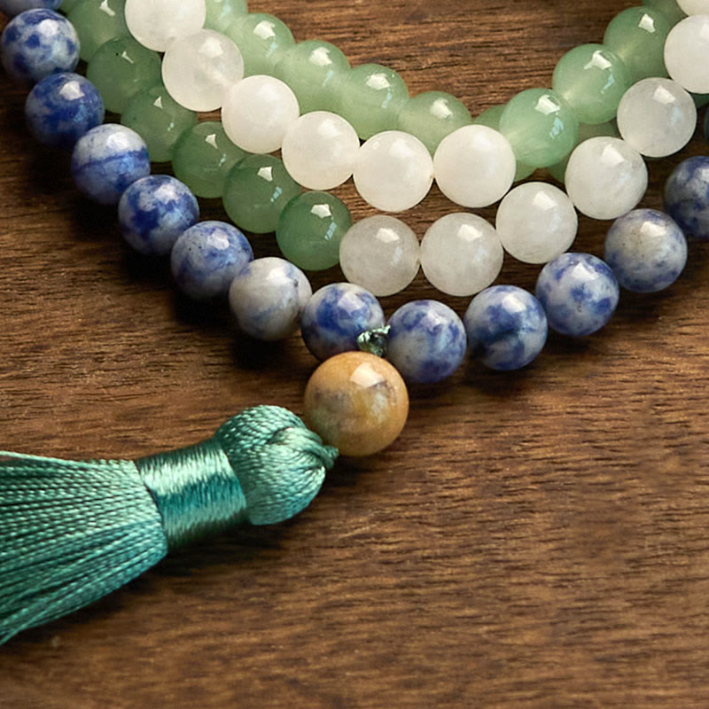 108 Mala Beads Natural Green Aventurine Blue Spot Jasper Indian Agate Green Tassel Luck Bracelet - Image 9