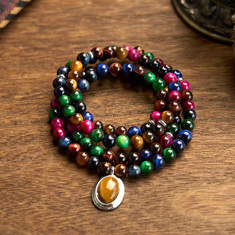 108 Mala Beads Natural Colorful Tiger Eye Stone Multi-turn Protection Bracelet