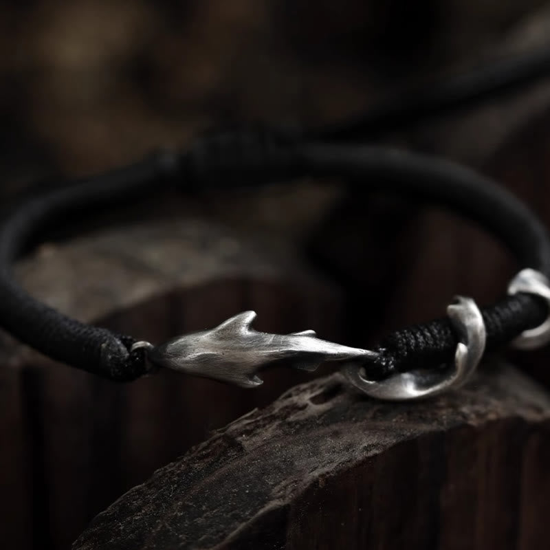 999 Sterling Silver Shark Black Wax Rope Protection Bracelet