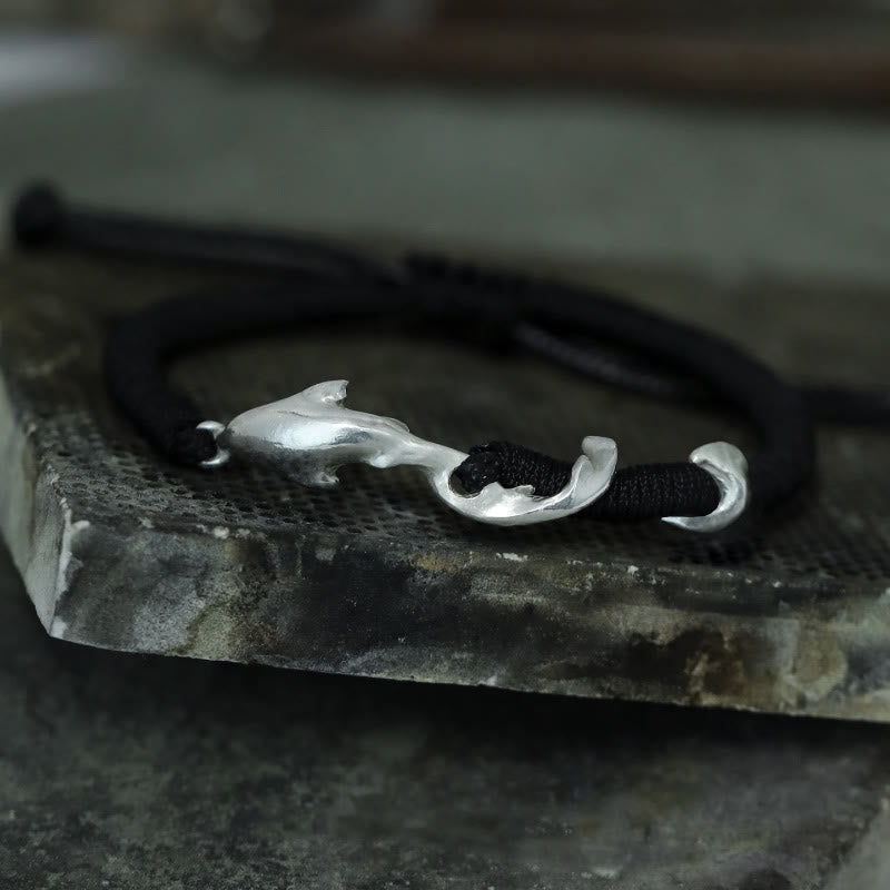 999 Sterling Silver Shark Black Wax Rope Protection Bracelet - Image 18