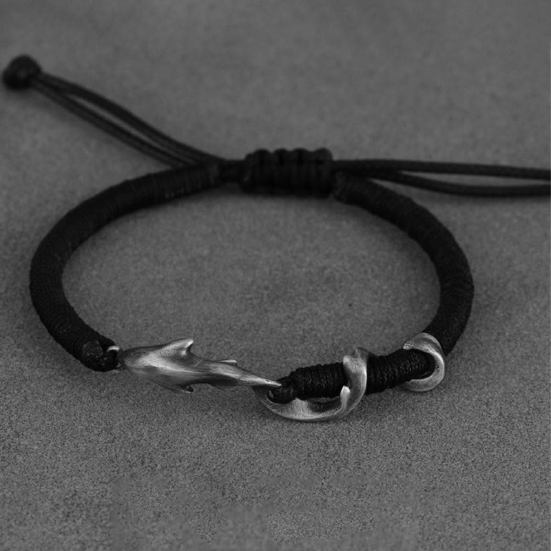 999 Sterling Silver Shark Black Wax Rope Protection Bracelet - Image 2