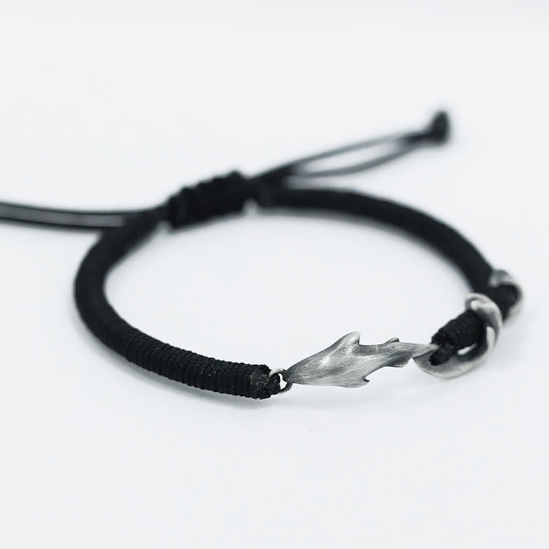 999 Sterling Silver Shark Black Wax Rope Protection Bracelet - Image 4