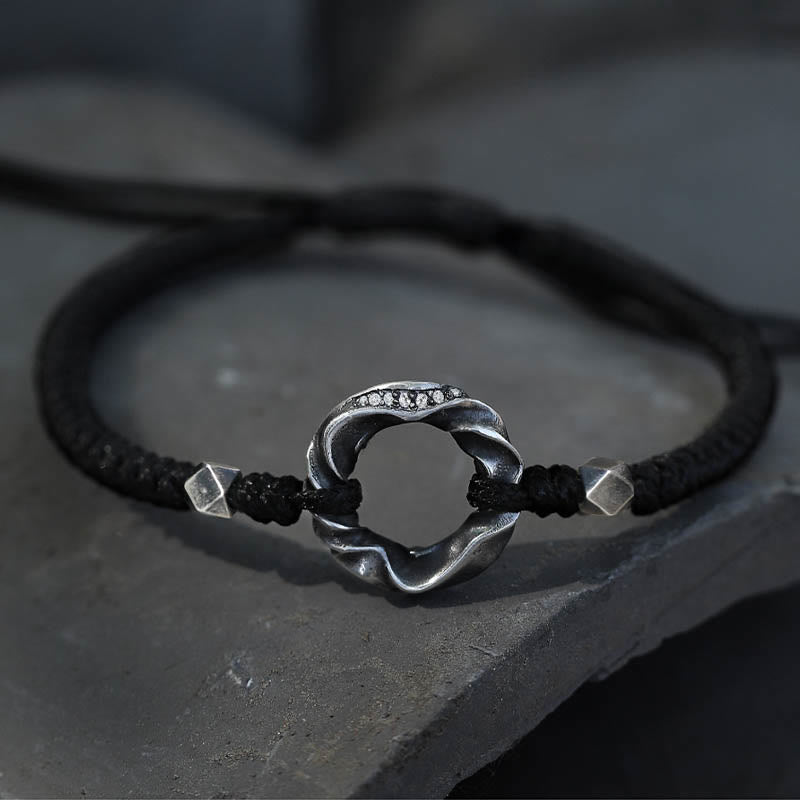 999 Sterling Silver Peace Buckle Black Wax Rope Protection Bracelet
