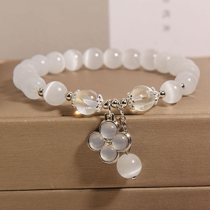 Cat's Eye Crystal Lucky Four Leaf Clover Charm Love Bracelet