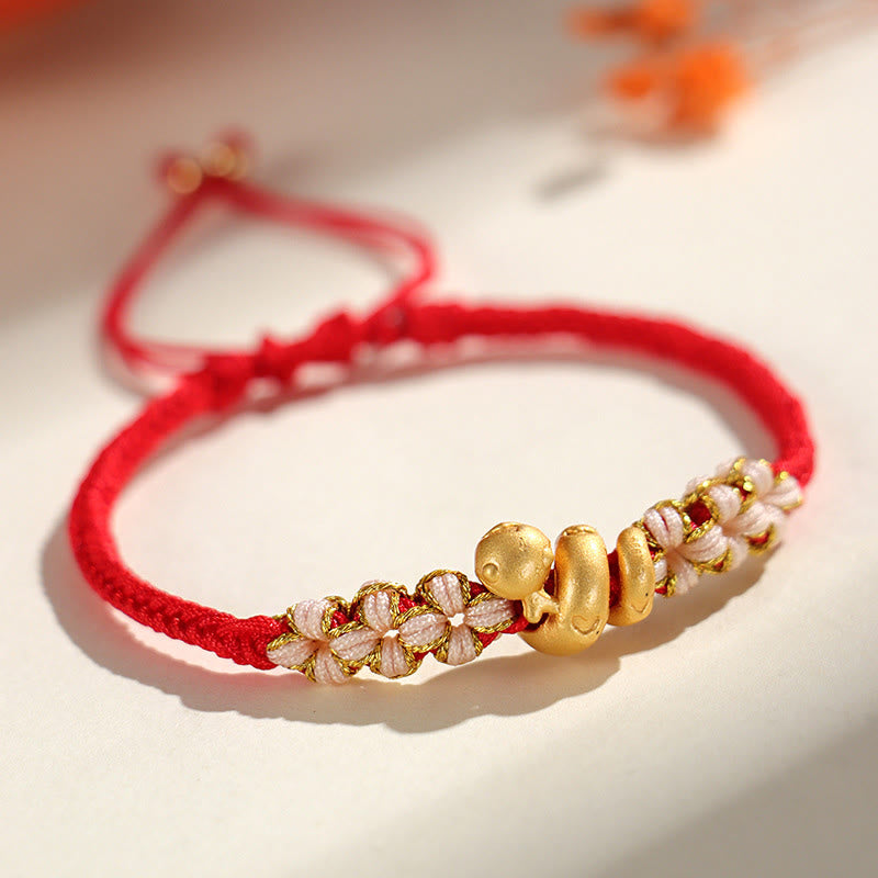 Handmade 999 Sterling Silver Year Of The Snake Red String Heart Peach Blossom Luck Bracelet