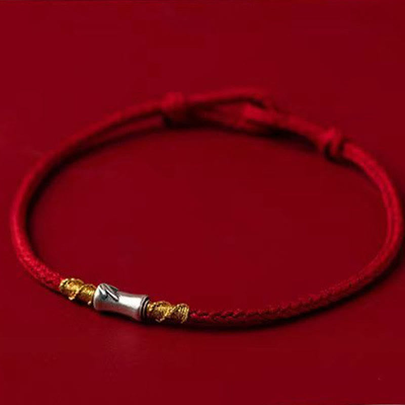 Handmade 925 Sterling Silver Bamboo Design Red String Luck Braided Bracelet - Image 3
