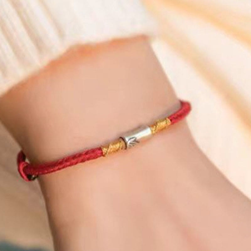 Handmade 925 Sterling Silver Bamboo Design Red String Luck Braided Bracelet - Image 5