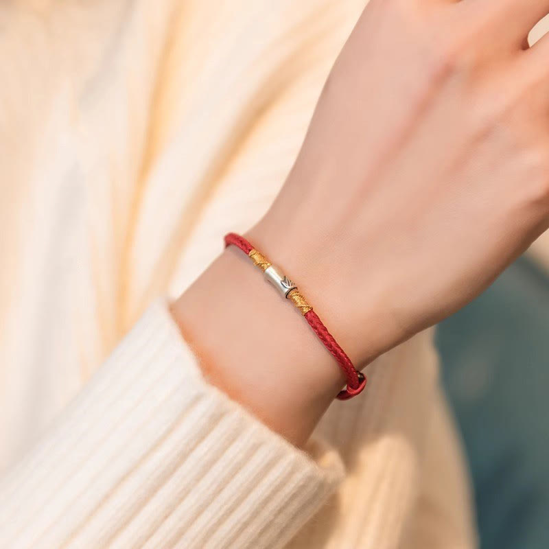 Handmade 925 Sterling Silver Bamboo Design Red String Luck Braided Bracelet - Image 4