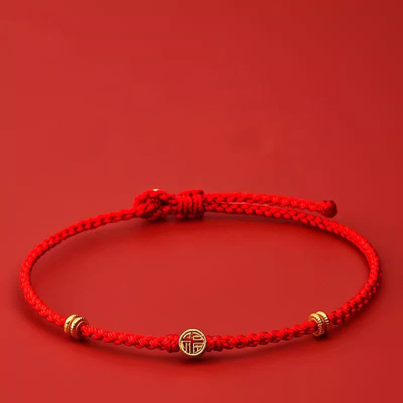 Handmade Braided Red String 925 Sterling Silver Fu Character Luck Bracelet