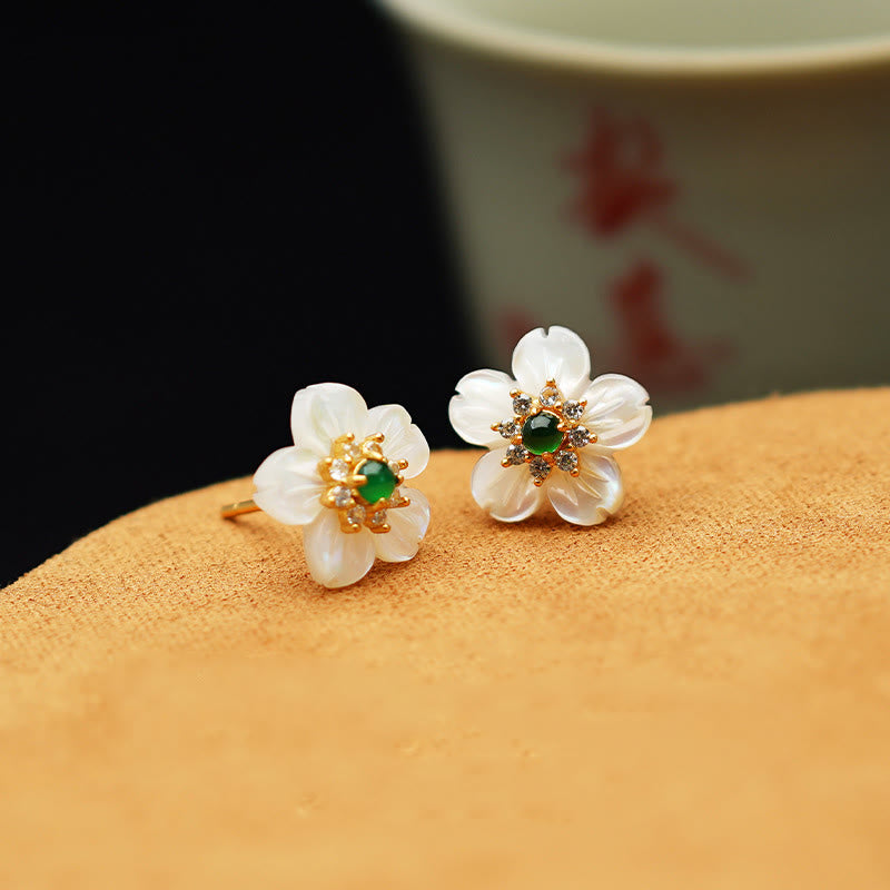 925 Sterling Silver Tridacna Stone Jade Flower Blessing Earrings - Image 4