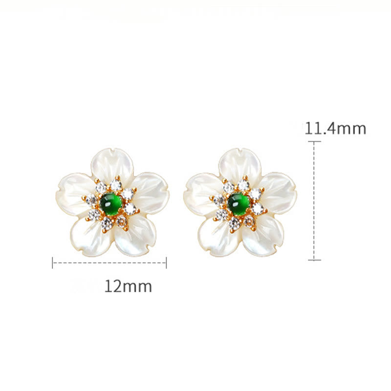 925 Sterling Silver Tridacna Stone Jade Flower Blessing Earrings - Image 9