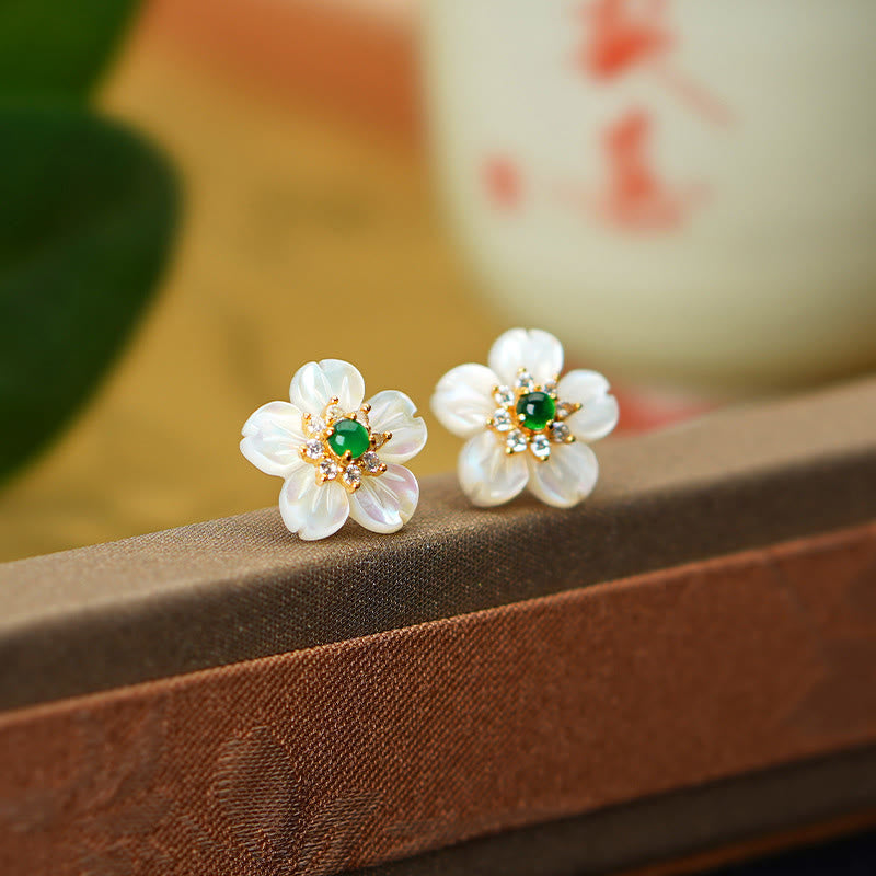 925 Sterling Silver Tridacna Stone Jade Flower Blessing Earrings - Image 3