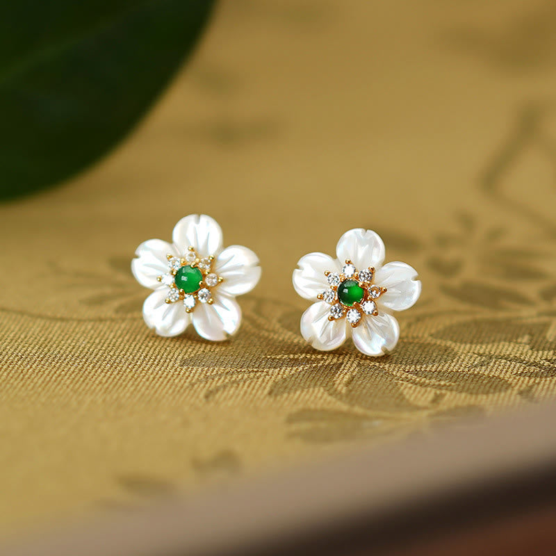 925 Sterling Silver Tridacna Stone Jade Flower Blessing Earrings - Image 5