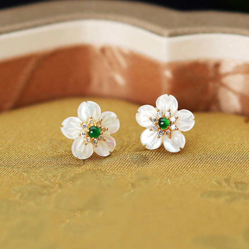 925 Sterling Silver Tridacna Stone Jade Flower Blessing Earrings