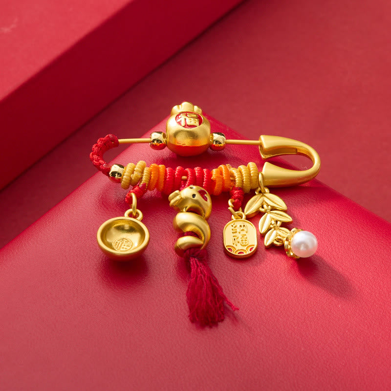 Copper Year Of The Snake Tassels String Spike Fu Bowl Lucky Fortune Bag Brooch