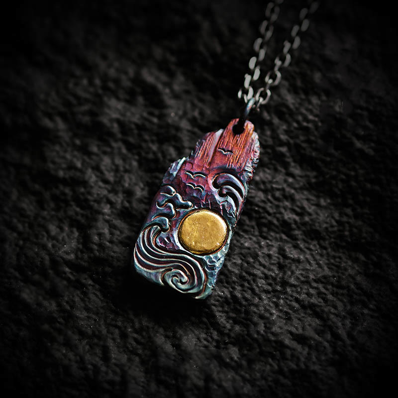 999 Sterling Silver 24k Gold Waves Sun Balance Necklace Pendant