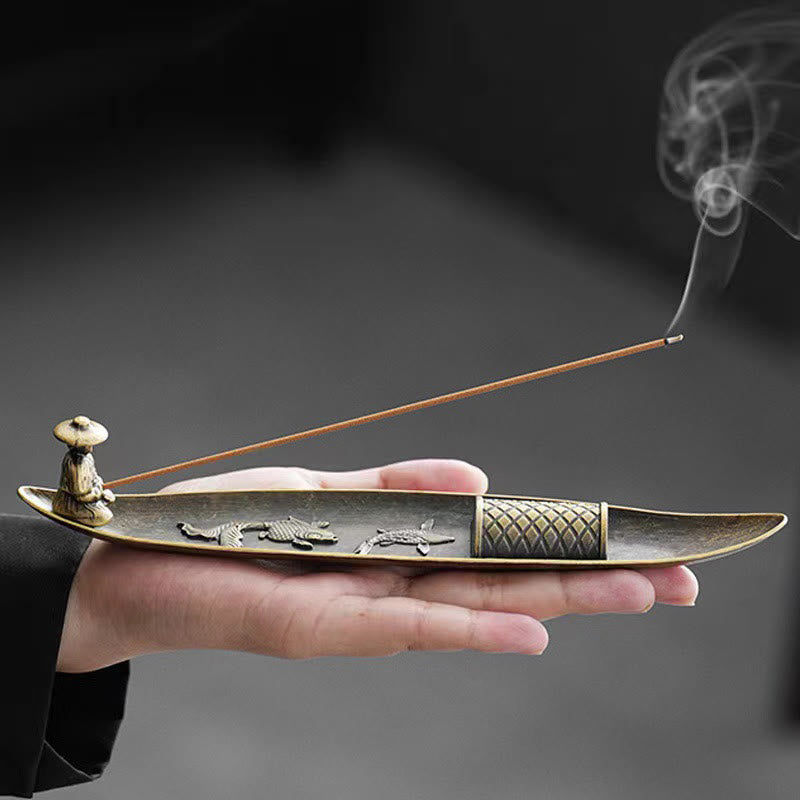 Fisherman Boat Koi Fish Zinc Alloy Incense Stick Holder Healing Incense Burner Decoration