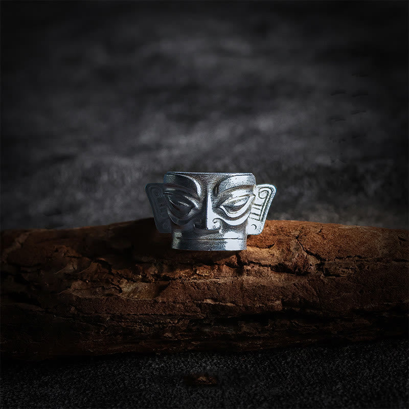 999 Sterling Silver Hand Casting Sanxingdui Mask Protection Ring