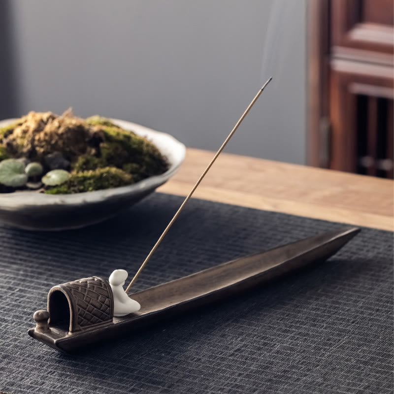 Fisherman Zen Healing Brown Ceramic Stick Incense Burner Decoration - Image 4