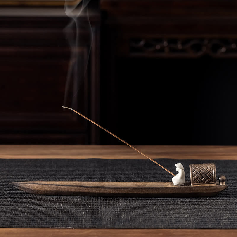 Fisherman Zen Healing Brown Ceramic Stick Incense Burner Decoration