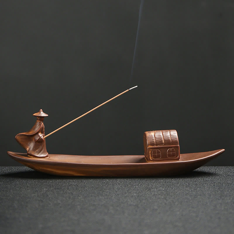 Fisherman Fishing Boat Bamboo Buddha Hand Lotus Spiritual Healing Ceramic Stick Incense Burner Decoration