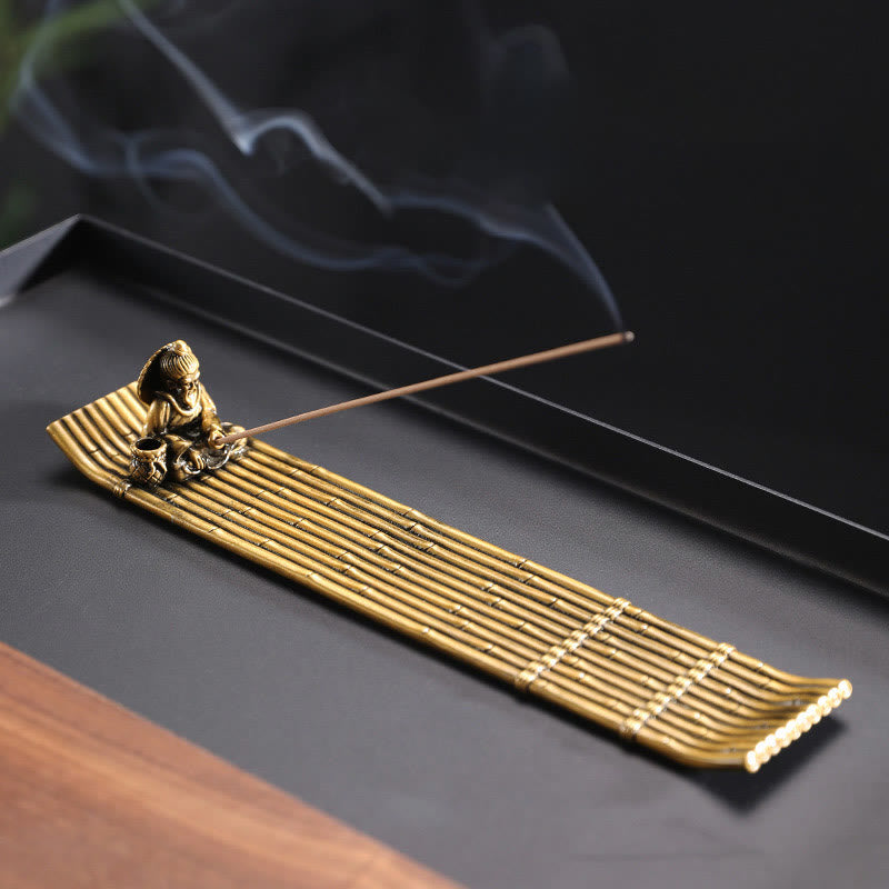 Fisherman Bamboo Fishing Boat Alloy Incense Stick Holder Healing Incense Burner Decoration