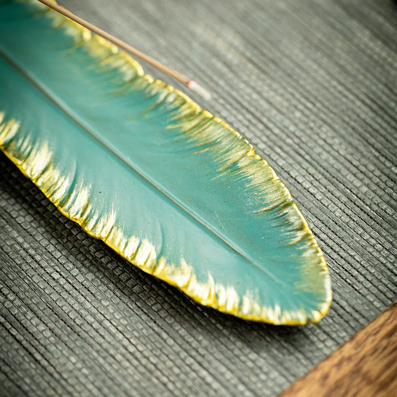 Green Feather Gold Edge Healing Ceramic Incense Burner Decoration - Image 12