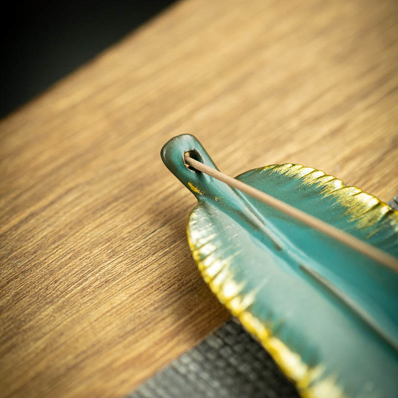 Green Feather Gold Edge Healing Ceramic Incense Burner Decoration - Image 11