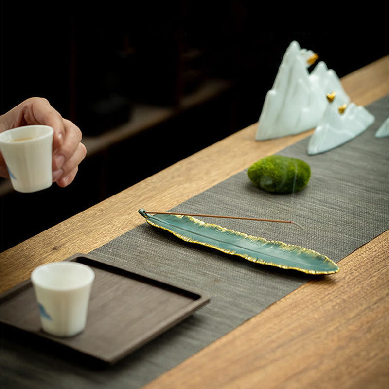 Green Feather Gold Edge Healing Ceramic Incense Burner Decoration - Image 7