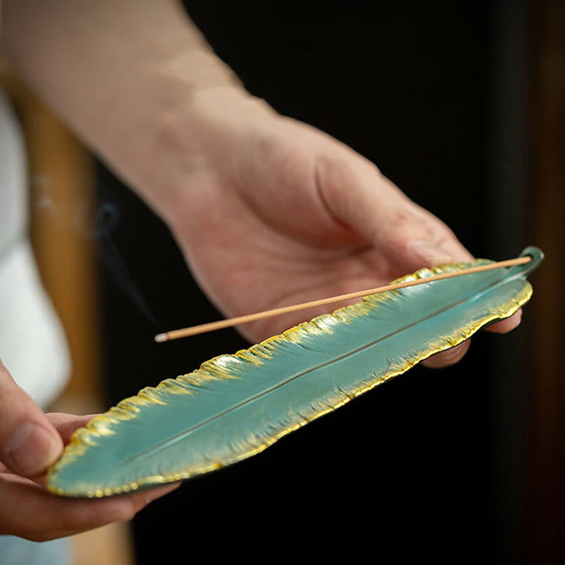 Green Feather Gold Edge Healing Ceramic Incense Burner Decoration - Image 6