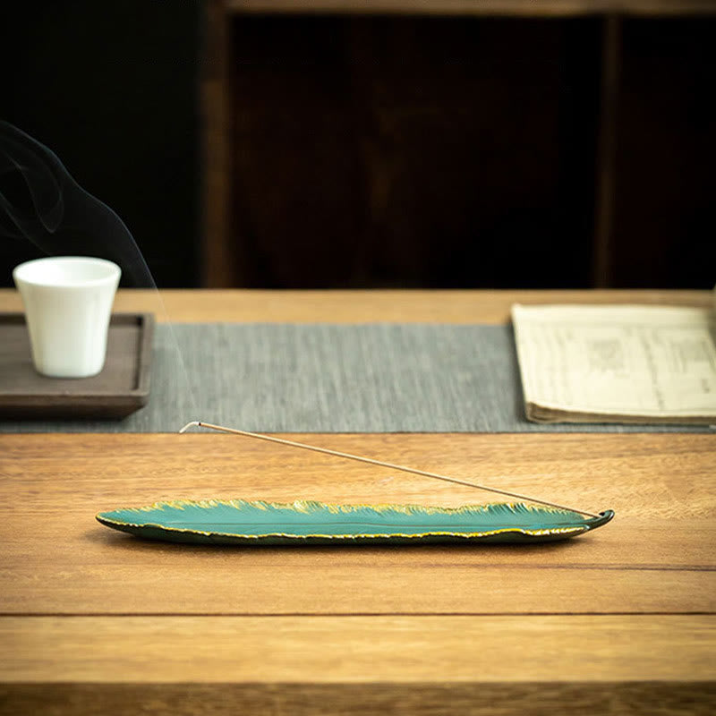 Green Feather Gold Edge Healing Ceramic Incense Burner Decoration - Image 8