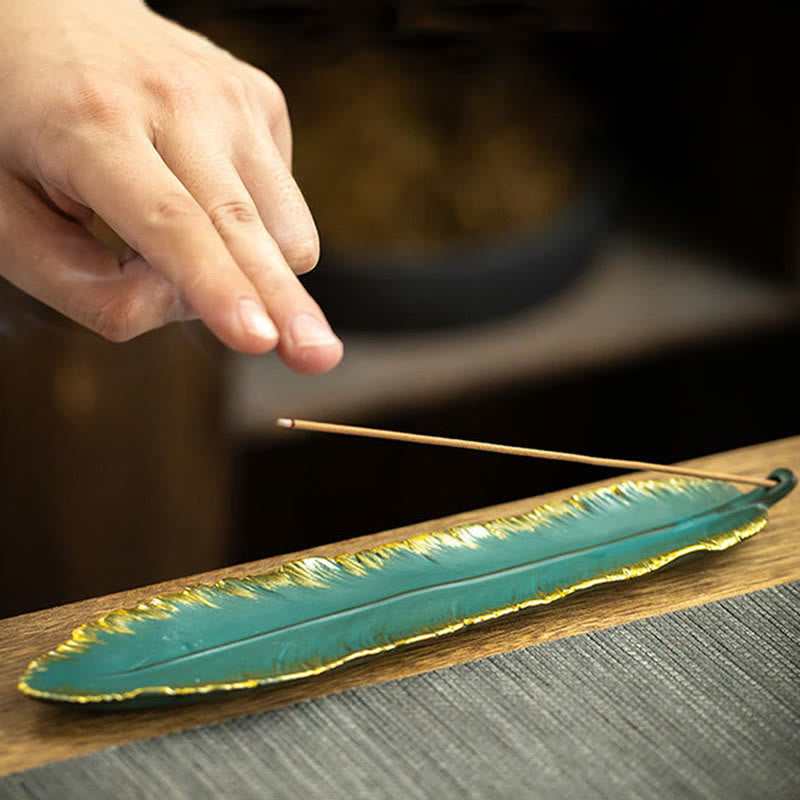 Green Feather Gold Edge Healing Ceramic Incense Burner Decoration - Image 5