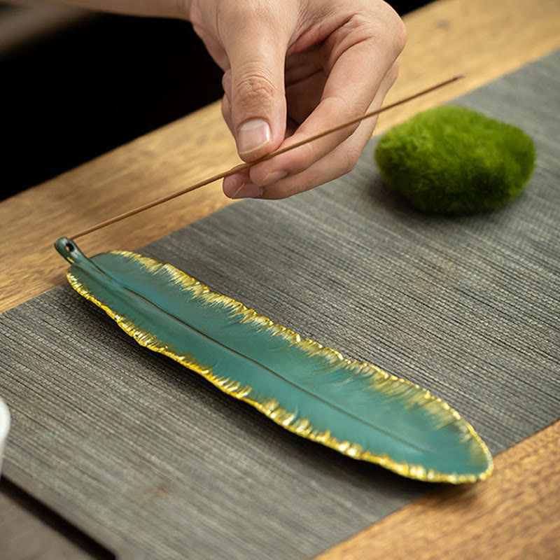 Green Feather Gold Edge Healing Ceramic Incense Burner Decoration - Image 4