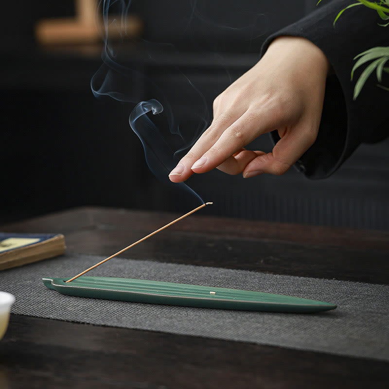 Green Bamboo Leaf Healing Ceramic Incense Burner Decoration - Image 7