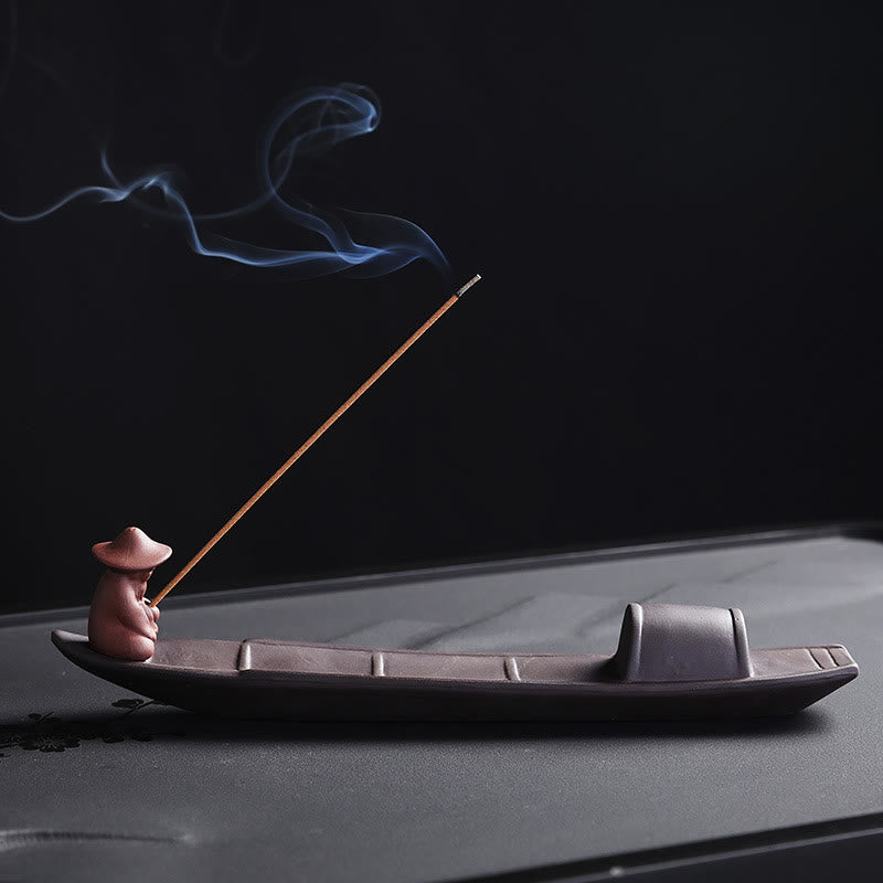 Fisherman Boat Purple Clay Peace Healing Ceramic Stick Incense Burner Decoration