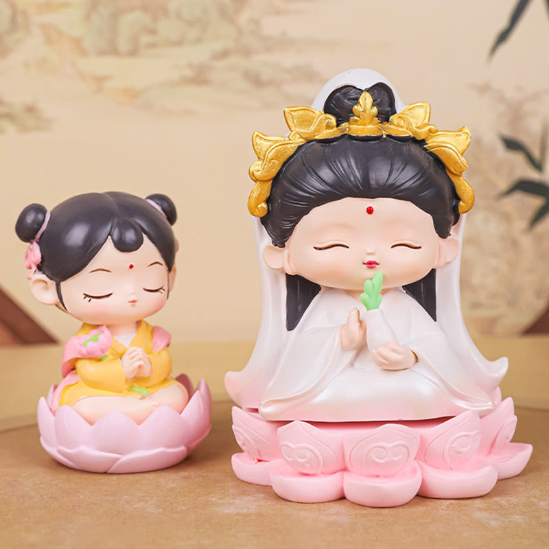 Meditation Avalokitesvara Lotus Boy Girl Resin Statue Harmony Home Decoration